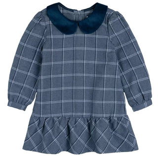 Miles the Label Herringbone and Plaid Dress in Navy with Velour Collar, 2 years