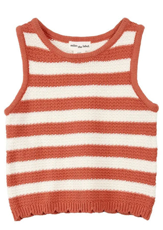 Miles the Label White and Orange Knit Striped Set with Tank and Shorts, 2-3 years