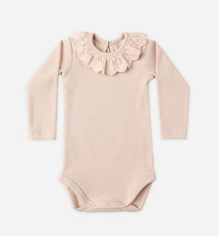 Quincy Mae Blush Waffle Knit Longsleeve Bodysuit with Eyelet Lace Collar, 2-3 years