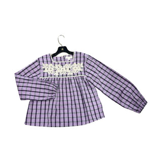 Louise Misha Purple and Green Check with Embroidered flowers Flowy Long Sleeve Shirt, 10 years