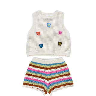 Zara New w/tags Cream crochet tank and rainbow short, 4 years