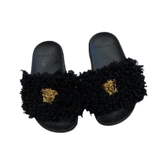 Versace Fluffy Medusa Sliders in black faux fur W/gold tone Medusa plaque, Euro 27/28 little kids