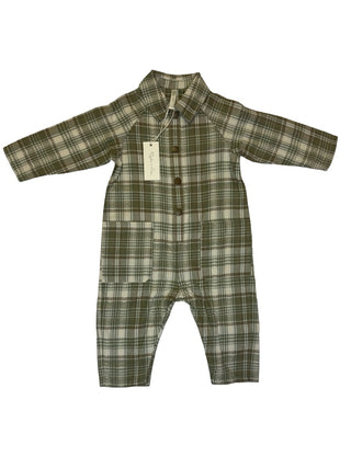 Rylee + Cru Collared baby jumpsuit olive dobby plaid - new with tag, 6-12 months