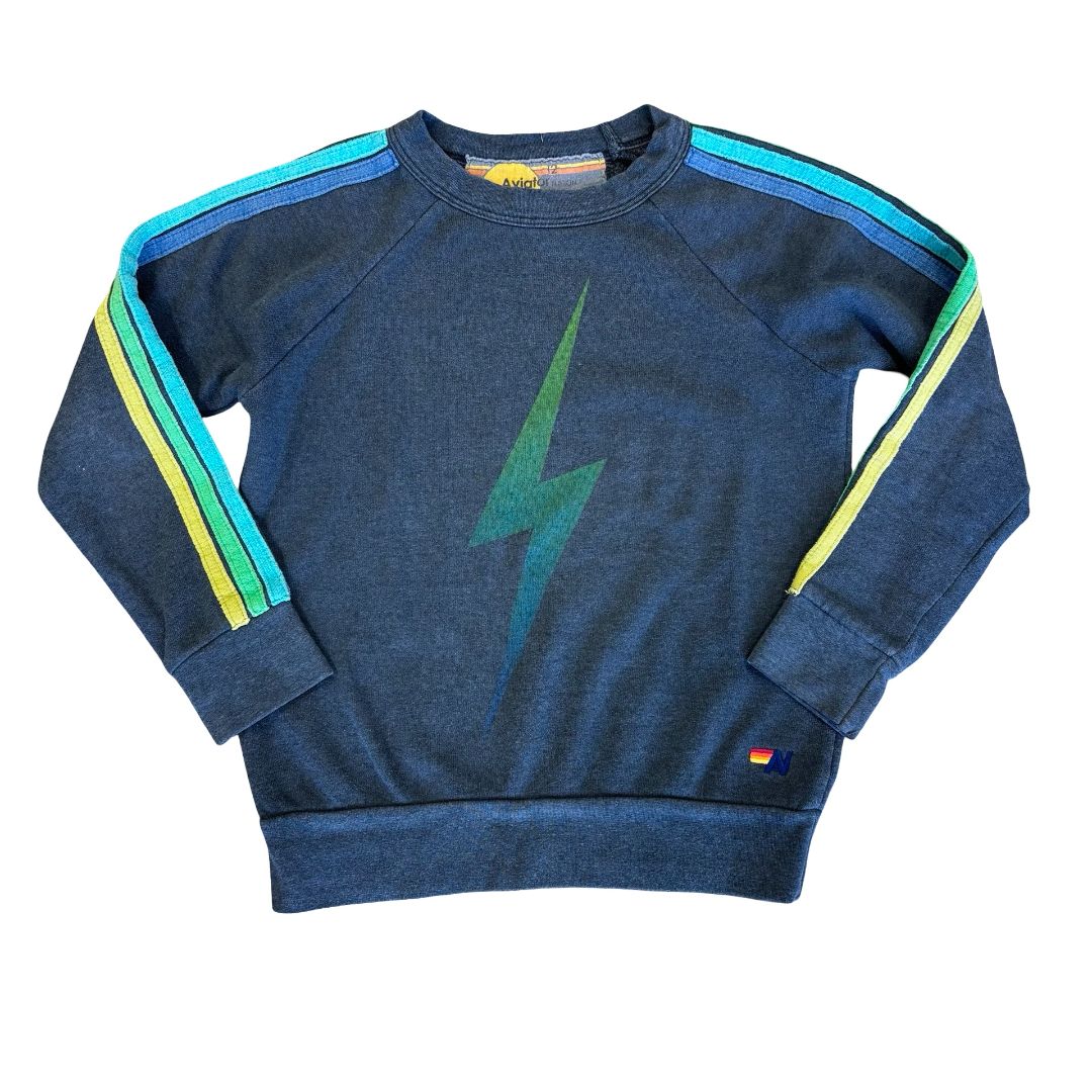 Aviator Nation black crewneck w/green stripes/lightning bolt, 12 years