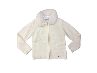 Mayoral white knit sweater with fur collar, 6 years