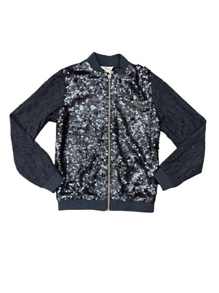 Le chic navy sequin jacket with lace sleeves, 8 years