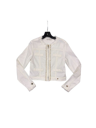 miss grant white denim jacket with pearls and gold studs, 6-7 years