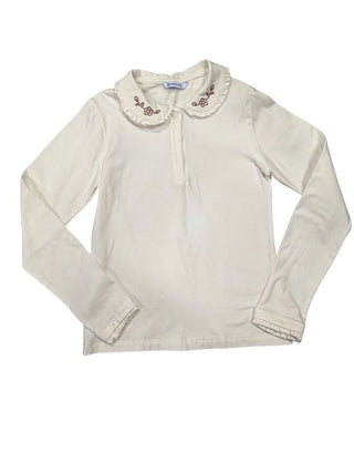 Mayoral White Collared Shirt with Ruffle and Rhinestones, 8 years