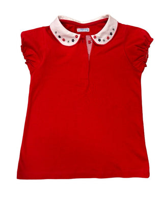 Mayoral Red Collared Shirt with Embroidered Flowers, 8 years