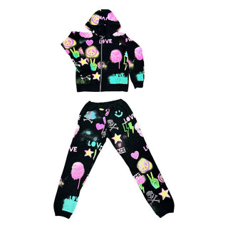 Chaser Black w/neon graffiti print full zip hoody/pant set, 7 years