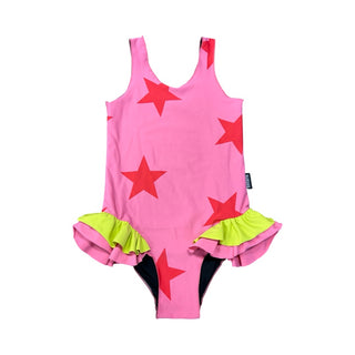 Nununu Strawberry pink all-star swim suit w/layered ruffles, 6-7 years
