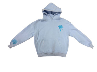 Pink Palm Puff Light Blue Hooded Sweatshirt with Embroidery, XS