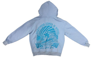 Pink Palm Puff Light Blue Hooded Sweatshirt with Embroidery, XS