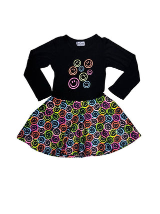 Dori Creations black longsleeve dress with smiley faces, 7 years