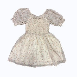 Noralee Cream Smocked Puff Sleeve Dress with Ruffled Collar and Foil Floral Pattern, 2 years