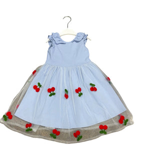 Deux Par Deux Blue dress w/tulle skirt and embroidered cherries, 4 years
