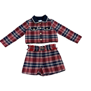 Abel & Lula Red/navy/white plaid tartan jacket/short set, 4 years