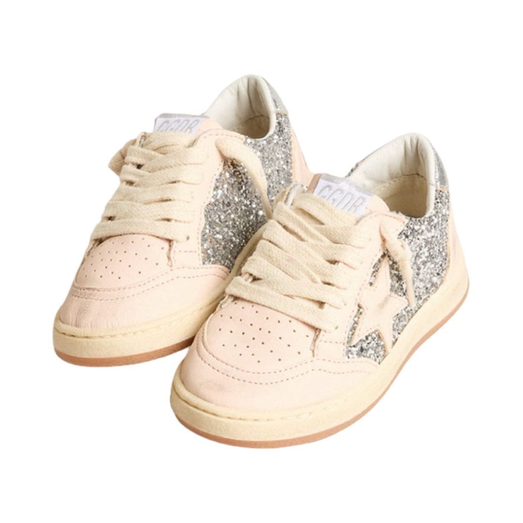 Golden Goose Ball star silver glitter light pink leather sneakers, Euro 32 big kid