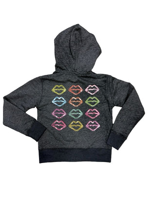 Sparkle by Stoopher Grey Zip Up Hoodie with Lip Graphics, 8 years