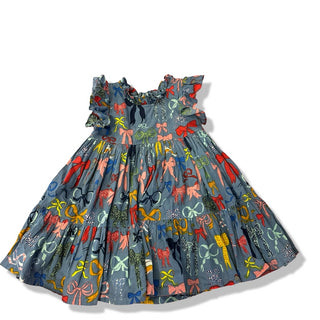 Pink Chicken Blue dress with colourful bows, 3 years