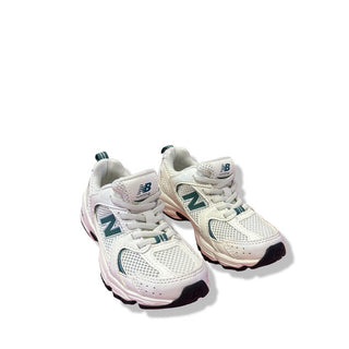New Balance 530 white and dark green running shoes, 10.5