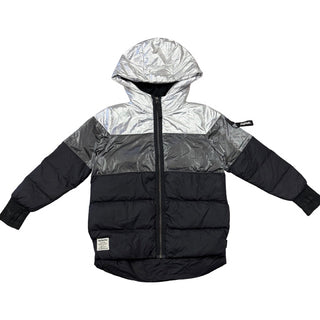 Nununu Metallic colour block puffer coat w/face in back, 8-9 years