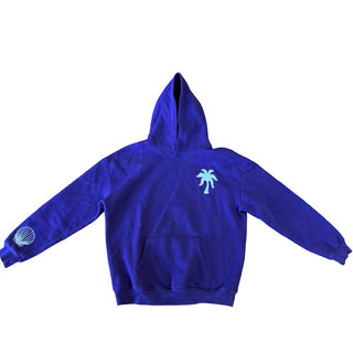 Pink Palm Puff Blue Hoodie, Small