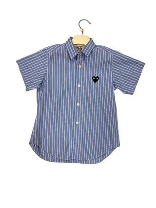 Comme des Garçons Blue and White Stripe Button Down Shirt with Black Heart Graphic, 6 years