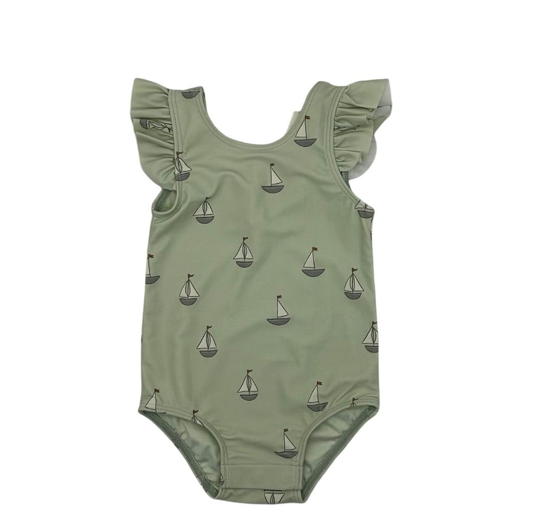 Quincy Mae Green sailboat one piece swim, 3-6 months