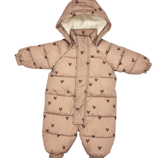 Rylee + Cru tan heart one piece snow suit, 3-6 months