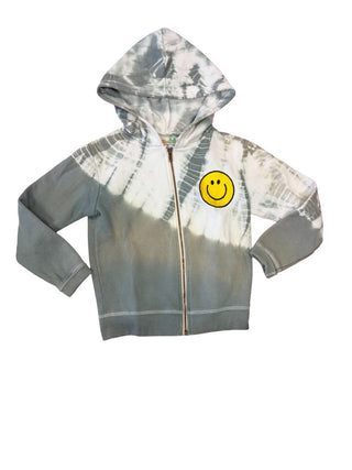 Vintage Havana Green/White Tie Dye Zip Up Hoodie with Smiley Patch, 10-12 years