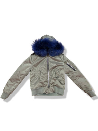 SAM Green Puffer Jacket with Blue Fur hood, 12 years