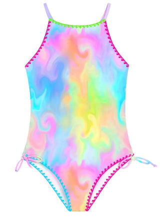 Limeapple Marble Printed Embroidered One Piece Swimsuit, 8-10 years