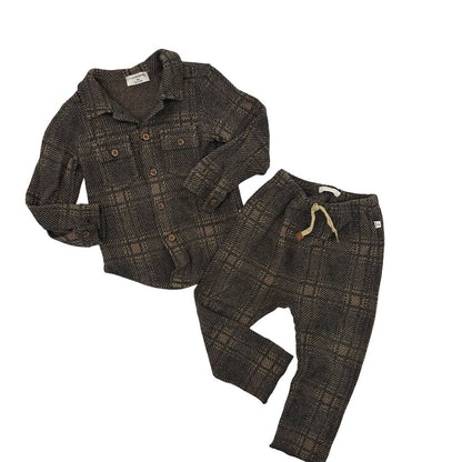 1+ in the Family plaid brown shacket and sweats set, 18 months
