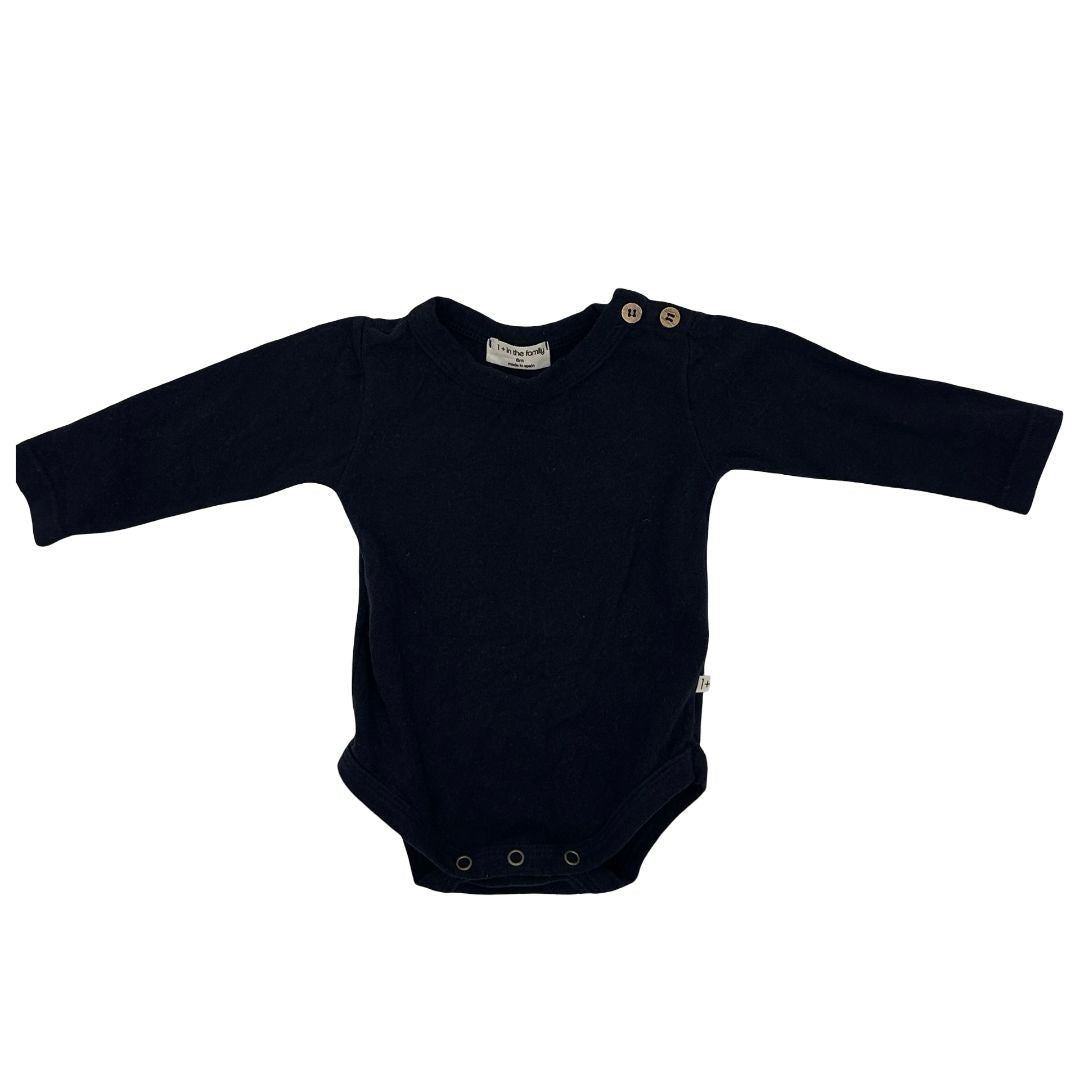 1+ in the Family navy bodysuit, 6 months
