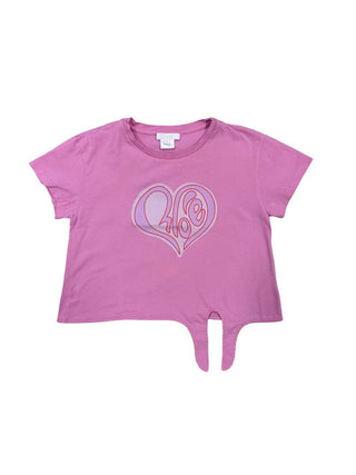 Chloe Cropped Pink Tie-Front Tee with Logo, 8 years