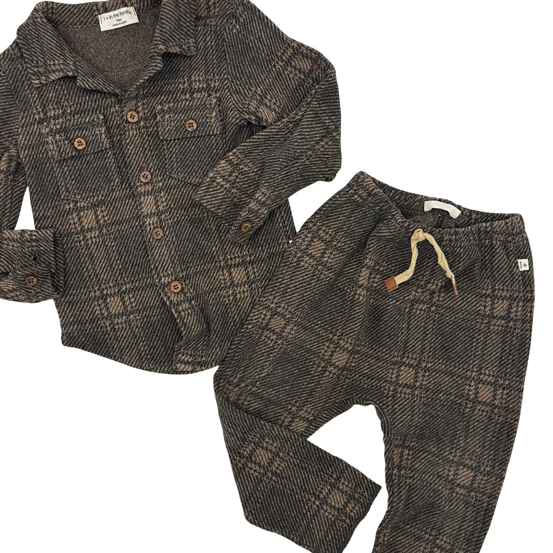 1+ in the Family plaid brown shacket and sweats set, 18 months