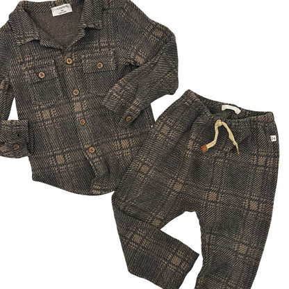 1+ in the Family plaid brown shacket and sweats set, 18 months