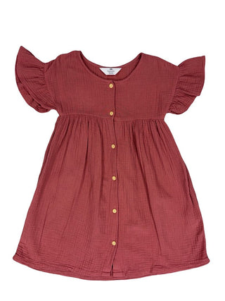 H&M Dusty Red Flutter Sleeve Crinkle Gauze Dress, 6-7 years