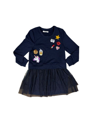 Pinc Premium Navy Sweater Dress with Tulle Skirt and Embroidered Patches, 6 years