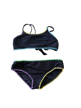 No Name Black ruffle 2 peice with colourful stitching, 6-8 years
