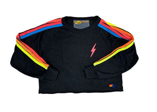 Aviator Nation Black Cropped Sweatshirt with Colourful Stripes and Lightning, small womens