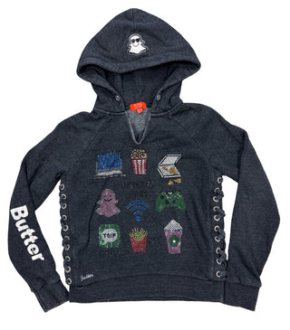 Butter Charcoal Grey Henley Hoodie with Gems, 8-10 years