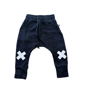 Hux Baby Black Drop Crotch Pants with Black Xs on Knees, 1 year