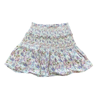 Love Shack Fancy Camilla Mini Skirt in Pink and Purple Floral Print with Shimmer Details, xs