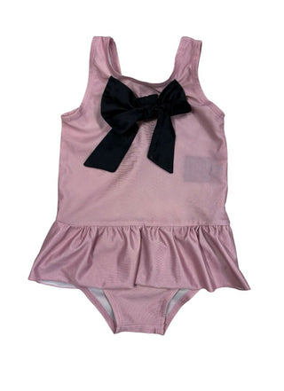 The Tiny Universe Pink Swimsuit with Black Bow and Skirt Detail, 12-24 months