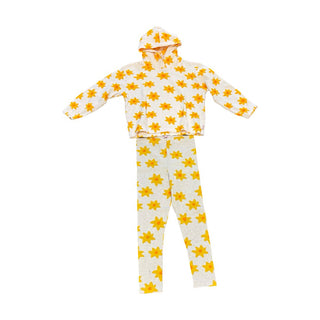 Tiny Cottons Waffle Hooded Long Sleeve with Yellow Flowers and Beige Leggings with Yellow Flower Set, 8 years