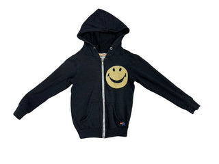 Aviator Nation Black zip-up hooded sweatshirt with smiley face graphics on front and back, 6 years