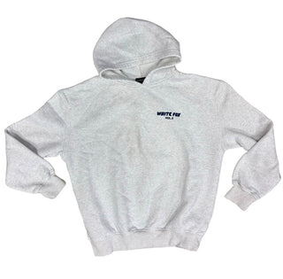 White Fox Marled Grey Hoodie Sweatshirt with Navy Graphics, medium womens