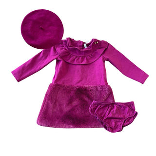 Janie and Jack Burgundy Long Sleeve Dress with Faux Fur, Bloomers, and Hat, 18-24 months